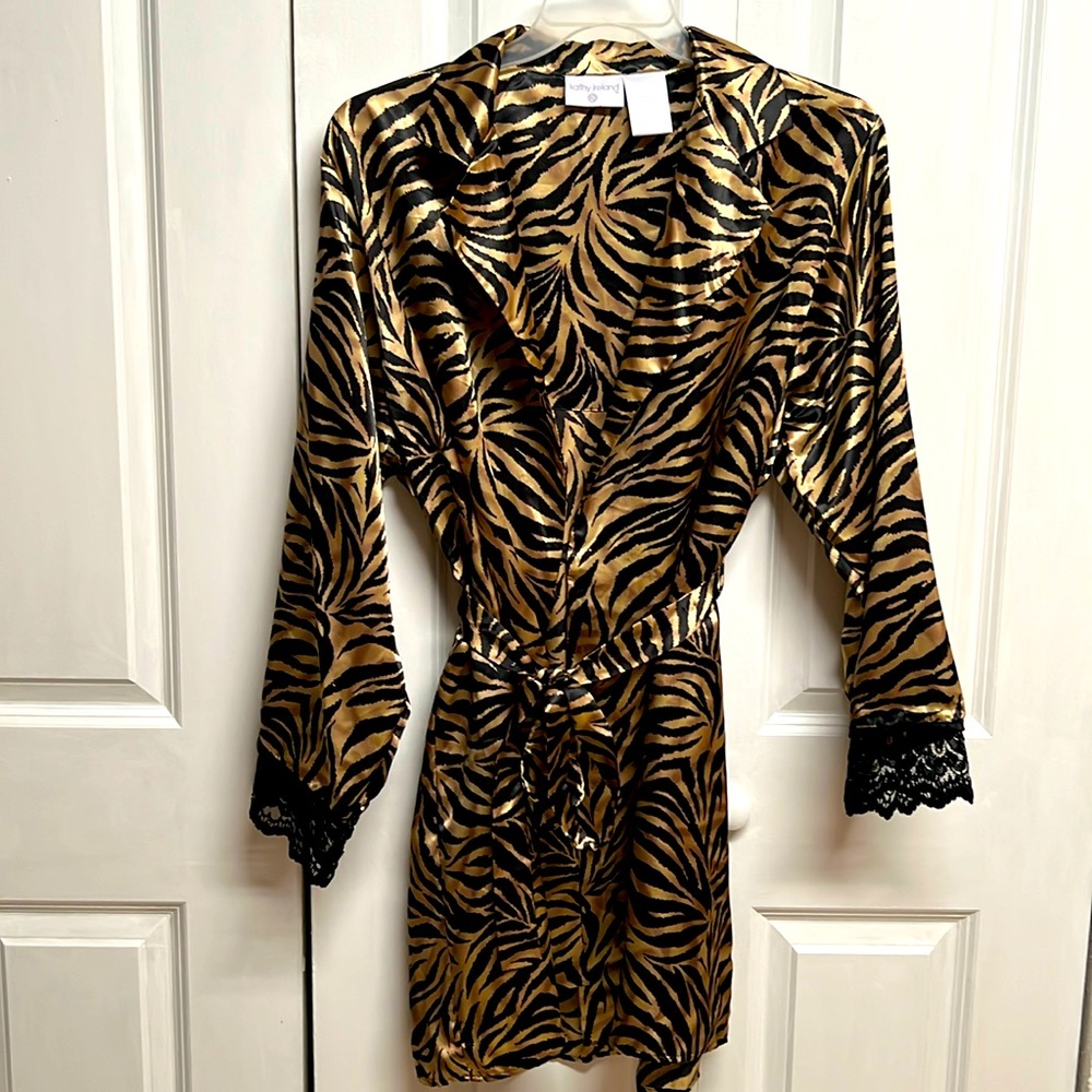 Vintage Kathy Ireland Zebra Print Black Lace Belted Robe Size XL